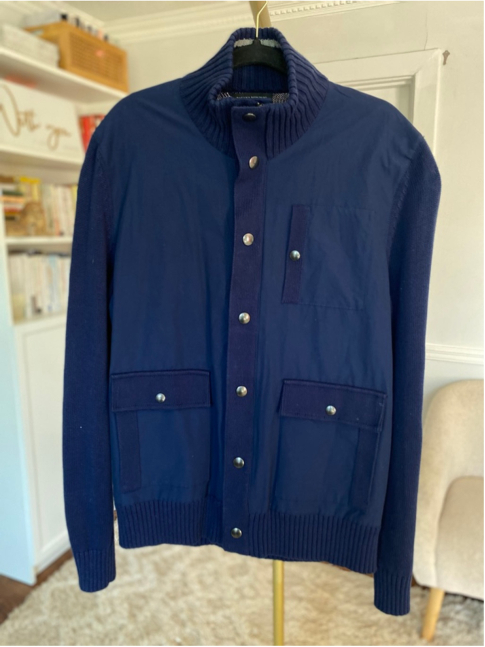 Banana Republic Navy Utility Jacket Knit Sleeve Old Money Parisian Quiet Luxury - Picture 2 of 9